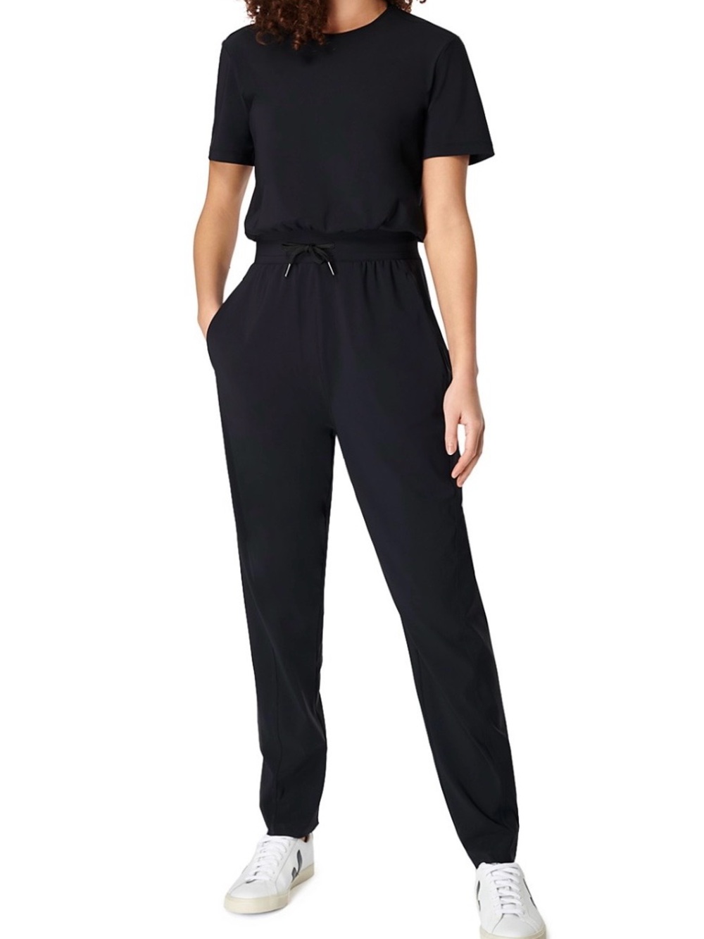 Sweaty Betty Black Short-Sleeve Explorer Jumpsuit with Drawstring Waist, NWT